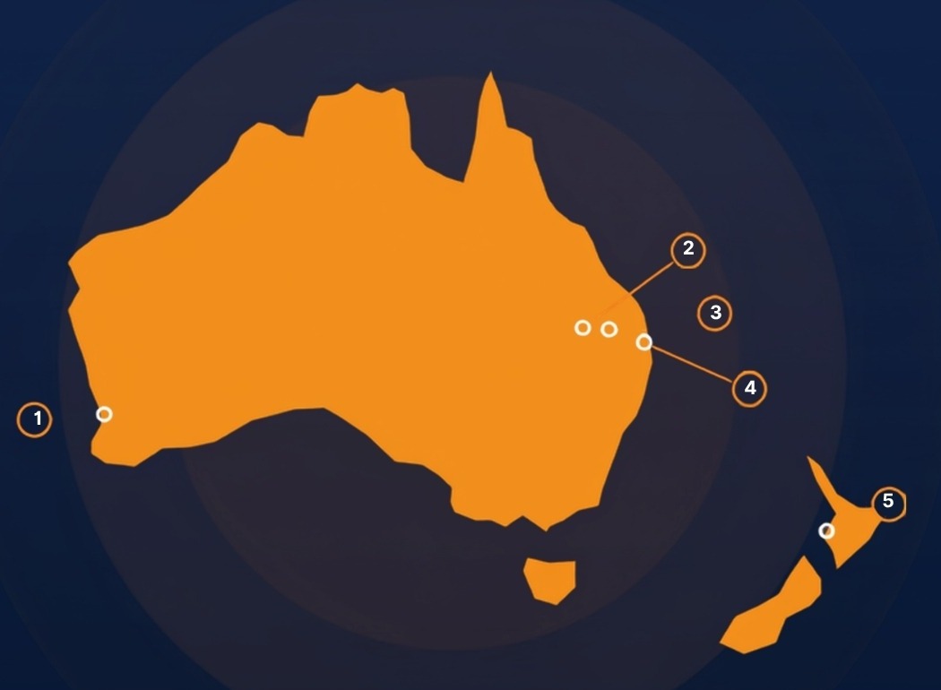 Map of Tasman Oil Tools branches across Australia and New Zealand: 1 Perth, 2 Roma, 3 Chinchilla, 4 Brisbane, 5 New Plymouth.